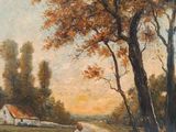 an image of a painting of a man sitting in a field by a tree