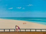 a painting of two people sitting on a bench on the beach