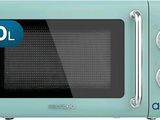 a blue microwave with the door open on a white background