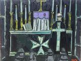 un tableau représentant une table sur laquelle se trouvent des bougies et une croix