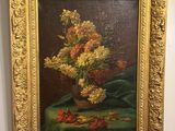 painting of a vase of flowers on a table with a green cloth