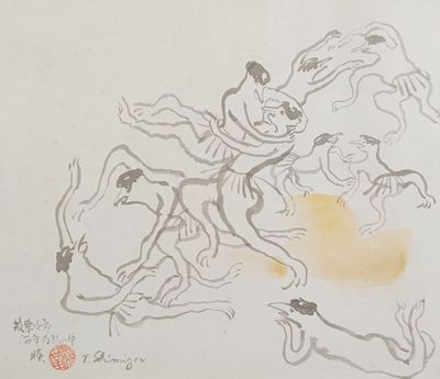 un dessin représentant un homme à cheval sur la plage