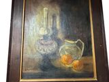 tableau représentant une nature morte avec un pichet et des oranges posés sur une table