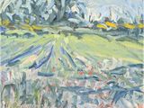 une peinture à l'huile représentant un champ vert avec des arbres en arrière-plan