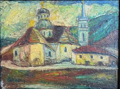 une peinture à l'huile représentant une église avec un clocher et un autre clocher en arrière-plan