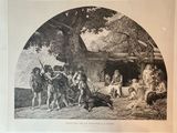 une image représentant un dessin d'un groupe de personnes devant une hutte