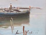 a painting of a boat on the water with people in the background