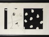 dessin en noir et blanc représentant une femme promenant un chien en laisse