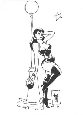 dessin en noir et blanc représentant une femme tenant un lampadaire