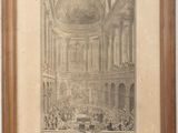 an old drawing of a large building with people in it