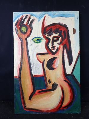 une peinture à l'huile représentant une femme tenant un objet vert dans sa main droite