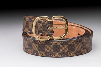 a close up of a brown and black belt with a gold buckle