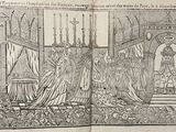 an old book with a drawing of a man and a woman on a stage