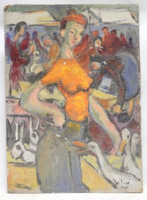 an oil painting of a woman in a yellow shirt and black pants