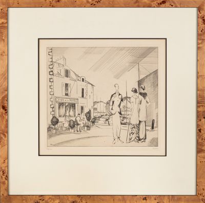 un dessin représentant un homme et une femme marchant dans la rue