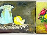 painting of a vase of flowers and a pitcher of lemons on a table