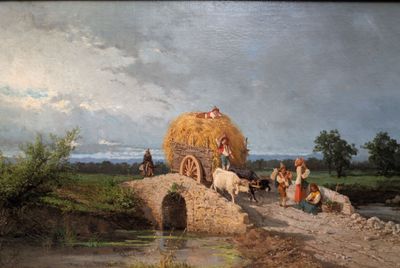une peinture représentant un groupe de personnes dans un champ
