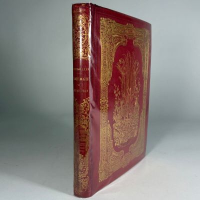 the book is red and gold with gold trimmings on it