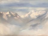 an oil painting of a mountain range with snow capped peaks