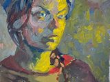 une peinture à l'huile représentant une femme portant un turban et au visage jaune