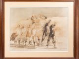 une image représentant un dessin d'un groupe de chevaux courant en file indienne