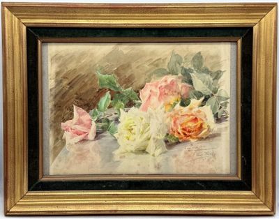 tableau représentant des roses dans un cadre doré, sur un fond blanc