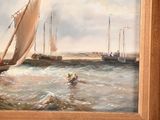a painting of a boat in the water with people on it