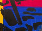 a painting of a red, blue, and yellow background