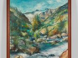 an oil painting of a mountain stream in a wooden frame