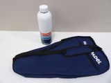 a bottle of water and a blue bag on a table