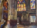 un tableau représentant un homme assis dans une église
