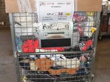 a metal cart with a bunch of items in it