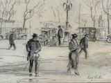 dessin représentant une scène de rue avec des passants marchant sur le trottoir et un camion de pompiers en arrière-plan
