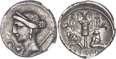a silver coin with a woman and a man on it