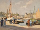 a painting of a group of people standing on a beach