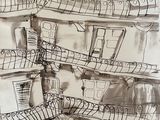 a black and white drawing of a building with a staircase