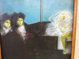 a painting of a group of people sitting on a bench