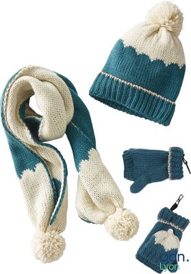a knitted hat, scarf, mittens, and glove set