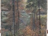 an oil painting of a wooded scene with trees and a stream