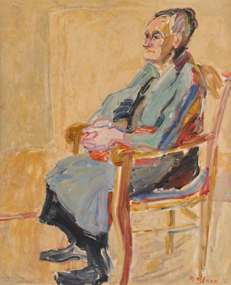 une peinture à l'huile représentant un homme assis sur une chaise dans une pièce