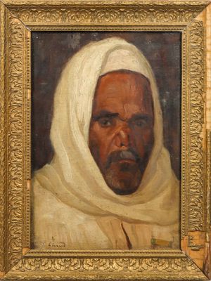 an oil painting of a man in a white head scarf