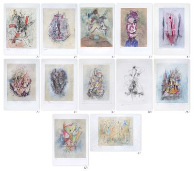 plusieurs dessins de différentes couleurs sont disposés en grille sur une surface blanche