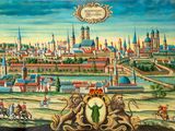an image of a painting of a city with a castle in the background