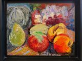 a painting of fruit on a table in a black frame