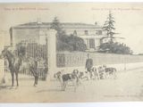 an old picture of a man on a horse with a bunch of dogs