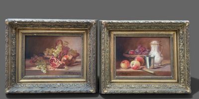 two framed paintings of fruit and a vase on a table