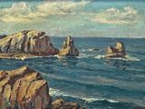 une peinture représentant des rochers dans l'eau, près du rivage