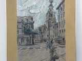 drawing of a woman walking down a street in a city