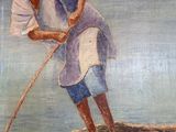 a painting of a man on a boat with a stick