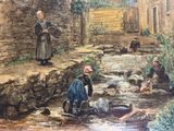 a picture of a painting of a woman in a village
